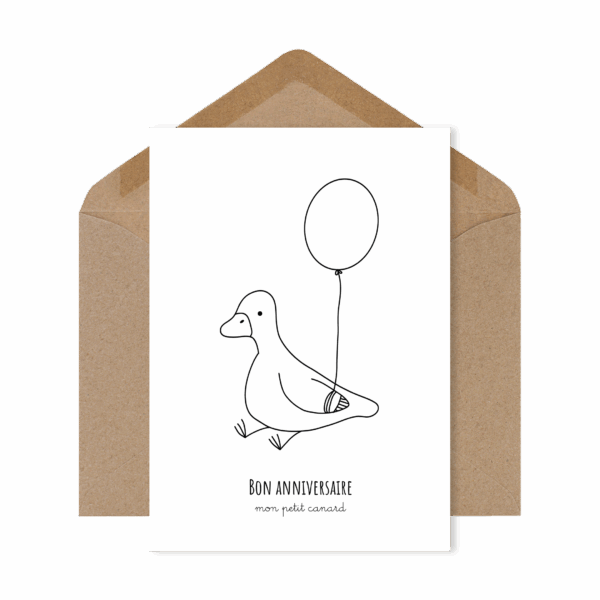 Carte postale adorable et espiègle « Bon anniversaire mon petit canard », illustration d’un canard pour souhaiter un anniversaire avec humour et affection.