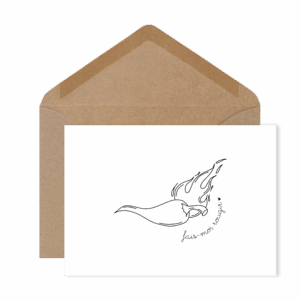 Carte postale espiègle « Fais-moi rougir », illustration d’un petit piment pour envoyer un mot piquant et amoureux.