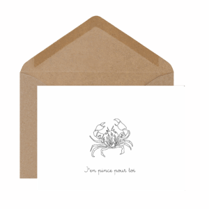 Carte postale tendre et humoristique « J’en pince pour toi », illustration d’un petit crabe pour dire à quelqu’un qu’on craque pour lui avec malice.