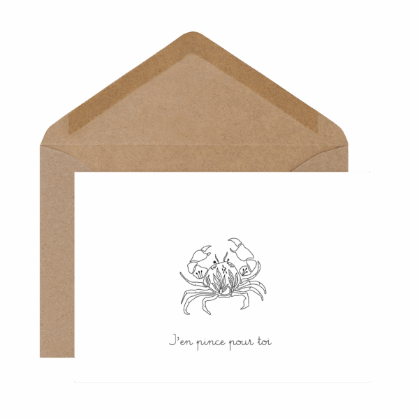 Carte postale tendre et humoristique « J’en pince pour toi », illustration d’un petit crabe pour dire à quelqu’un qu’on craque pour lui avec malice.