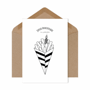 Carte postale drôle et tendre « Joyeux Anniversaire ma petite frite », illustration d’une frite pour souhaiter un anniversaire plein d’humour et de gourmandise.