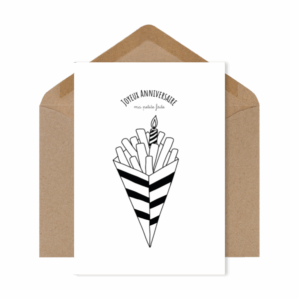 Carte postale drôle et tendre « Joyeux Anniversaire ma petite frite », illustration d’une frite pour souhaiter un anniversaire plein d’humour et de gourmandise.