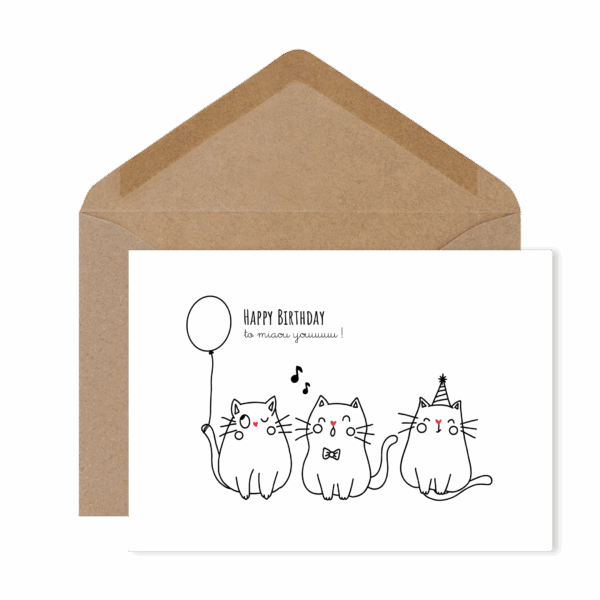Carte postale drôle et féline « Happy birthday to miaou youuuuuu ! », pour souhaiter un anniversaire avec humour et douceur.